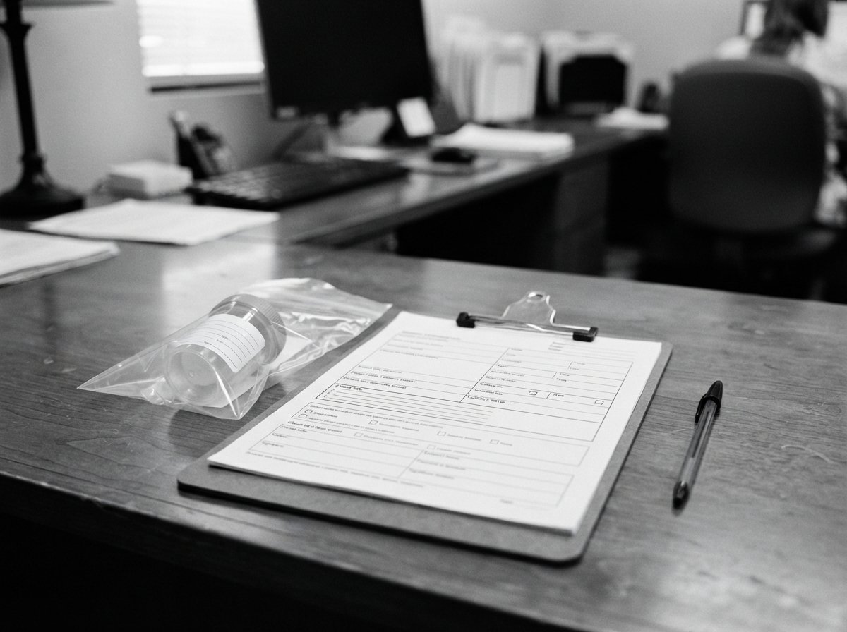 A clipboard with a drug testing consent form and a sealed specimen cup on an office desk.