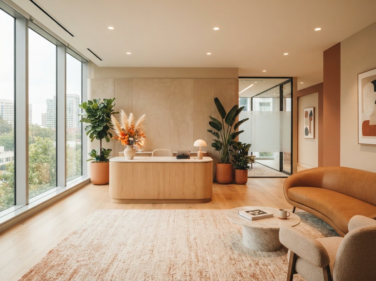 A modern, bright corporate office lobby with clean furniture and plants.