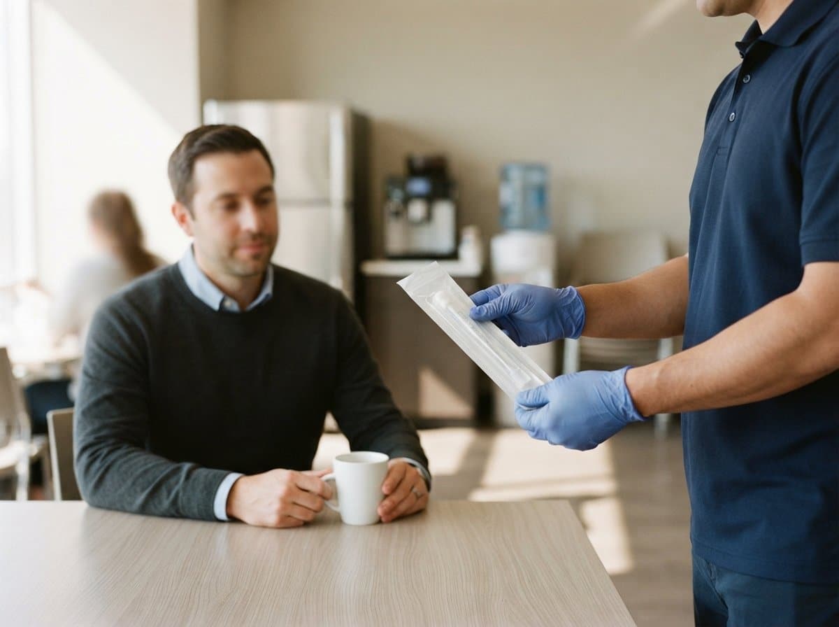 Mobile collector in gloves holding a sealed mouth swab drug test kit for an employee in an office break room