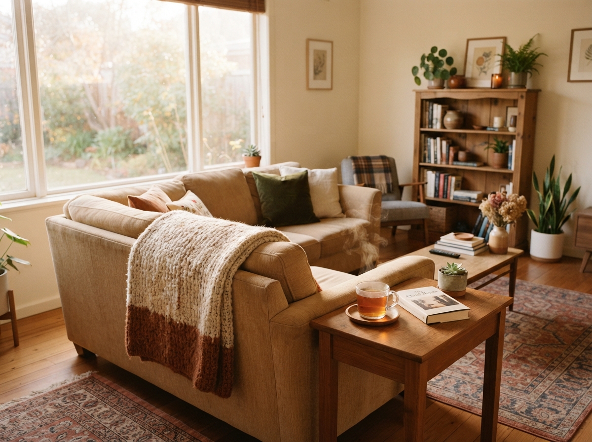 A calm, cozy living room set up for relaxing during pregnancy.