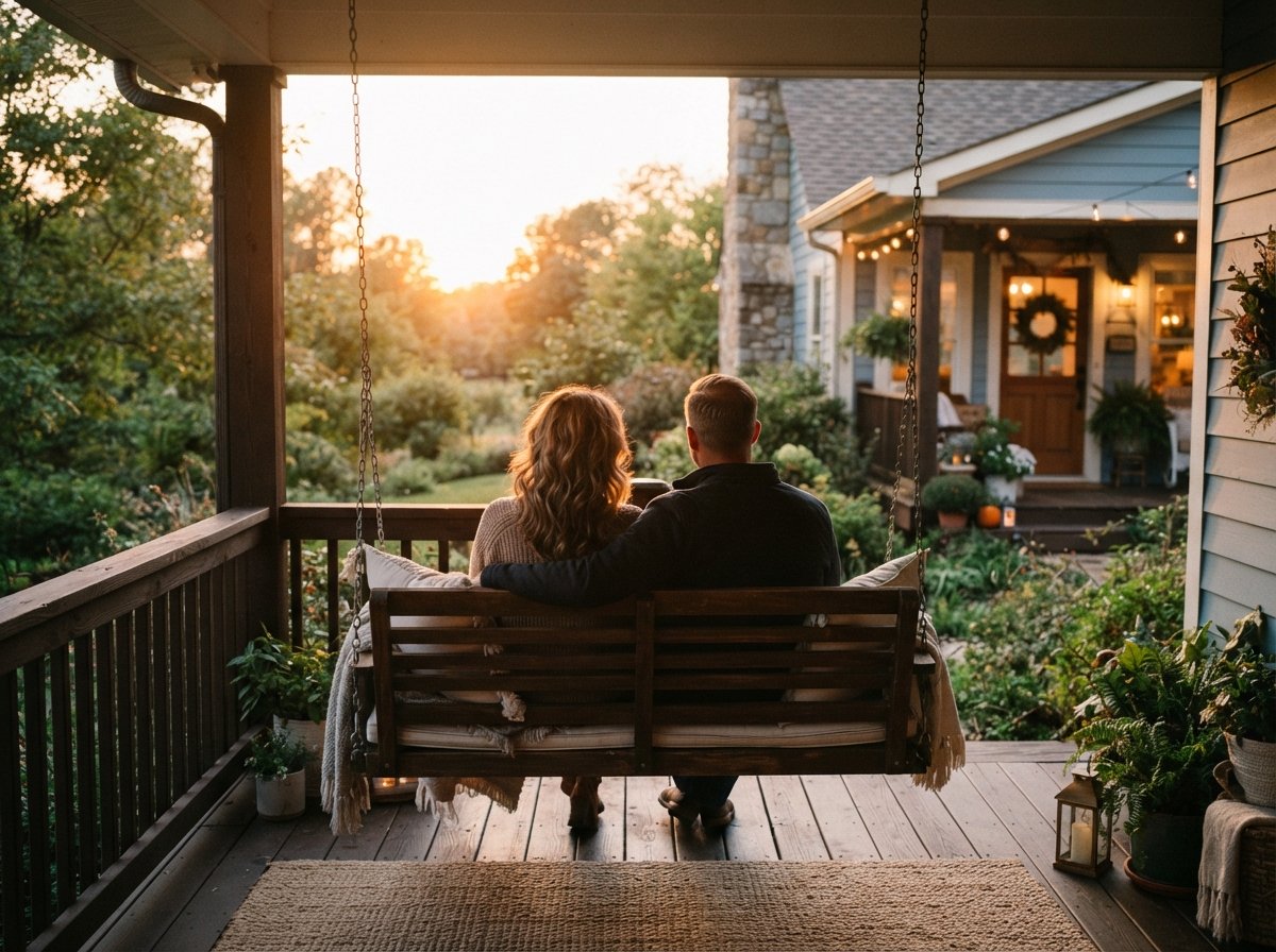An elderly adult and an adult family member sitting together on a porch swing at golden hour.