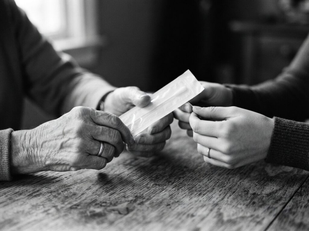 Close-up of an elderly hand and a younger adult hand each holding a sealed DNA test swab.