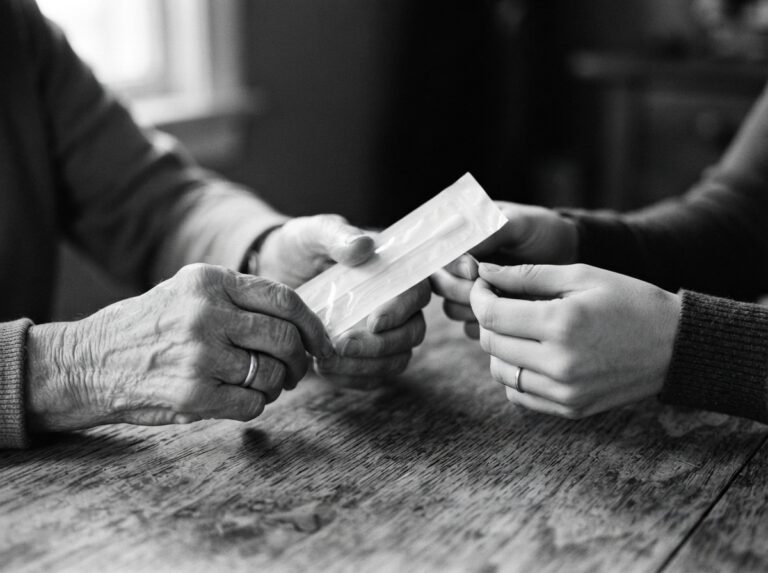 Close-up of an elderly hand and a younger adult hand each holding a sealed DNA test swab.