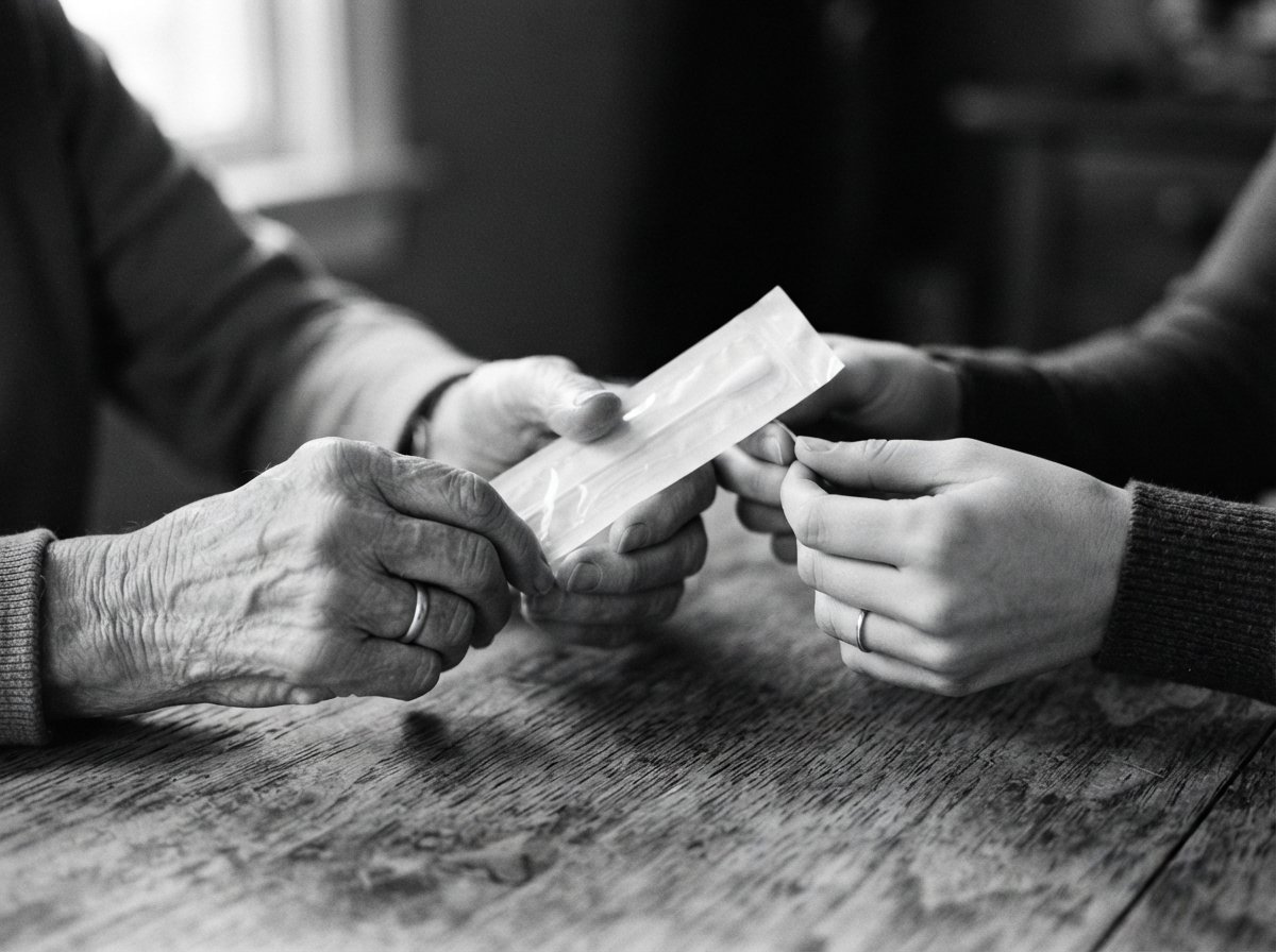Close-up of an elderly hand and a younger adult hand each holding a sealed DNA test swab.