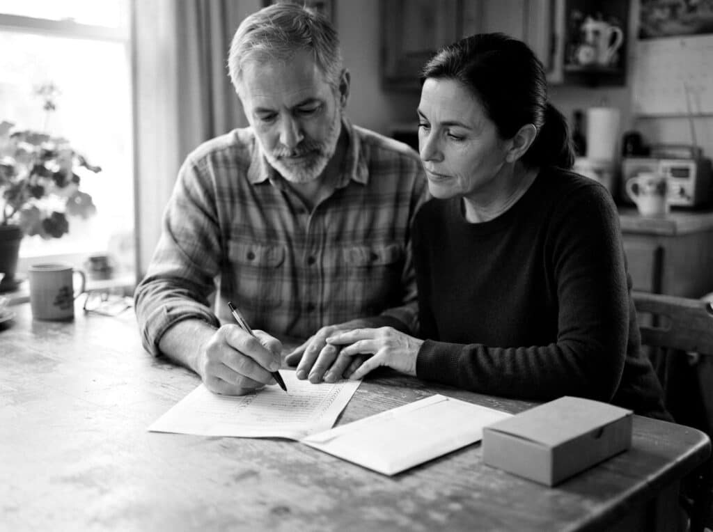 Couple at a kitchen table reviewing a checklist beside a sealed envelope and swab kit before choosing a DNA test