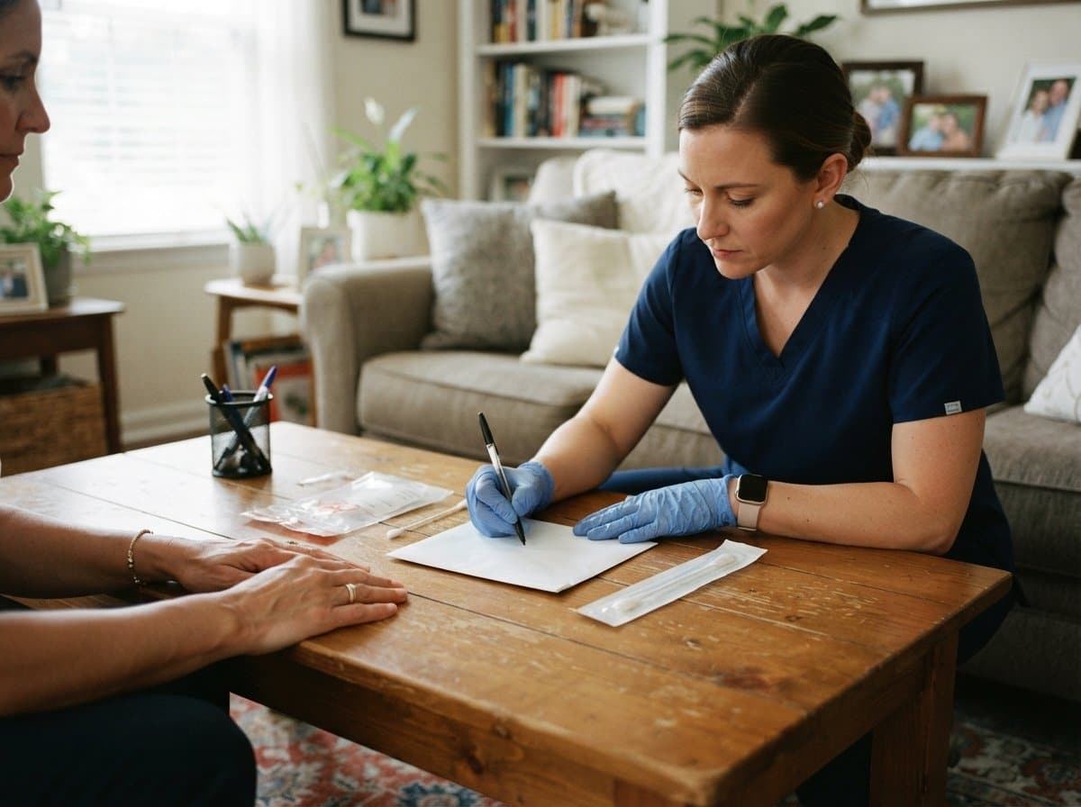 Mobile DNA collector in navy scrubs labeling a sealed sample envelope beside a cheek swab in a client's living room