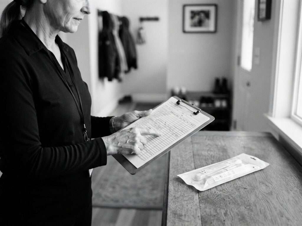 A mobile DNA test collector reviewing an appointment checklist beside a sealed sample collection kit.