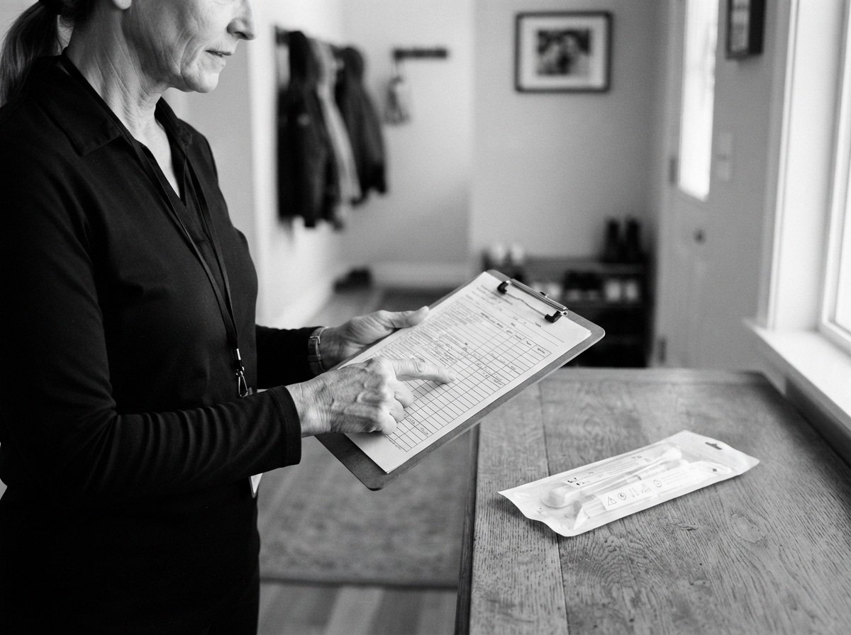 A mobile DNA test collector reviewing an appointment checklist beside a sealed sample collection kit.