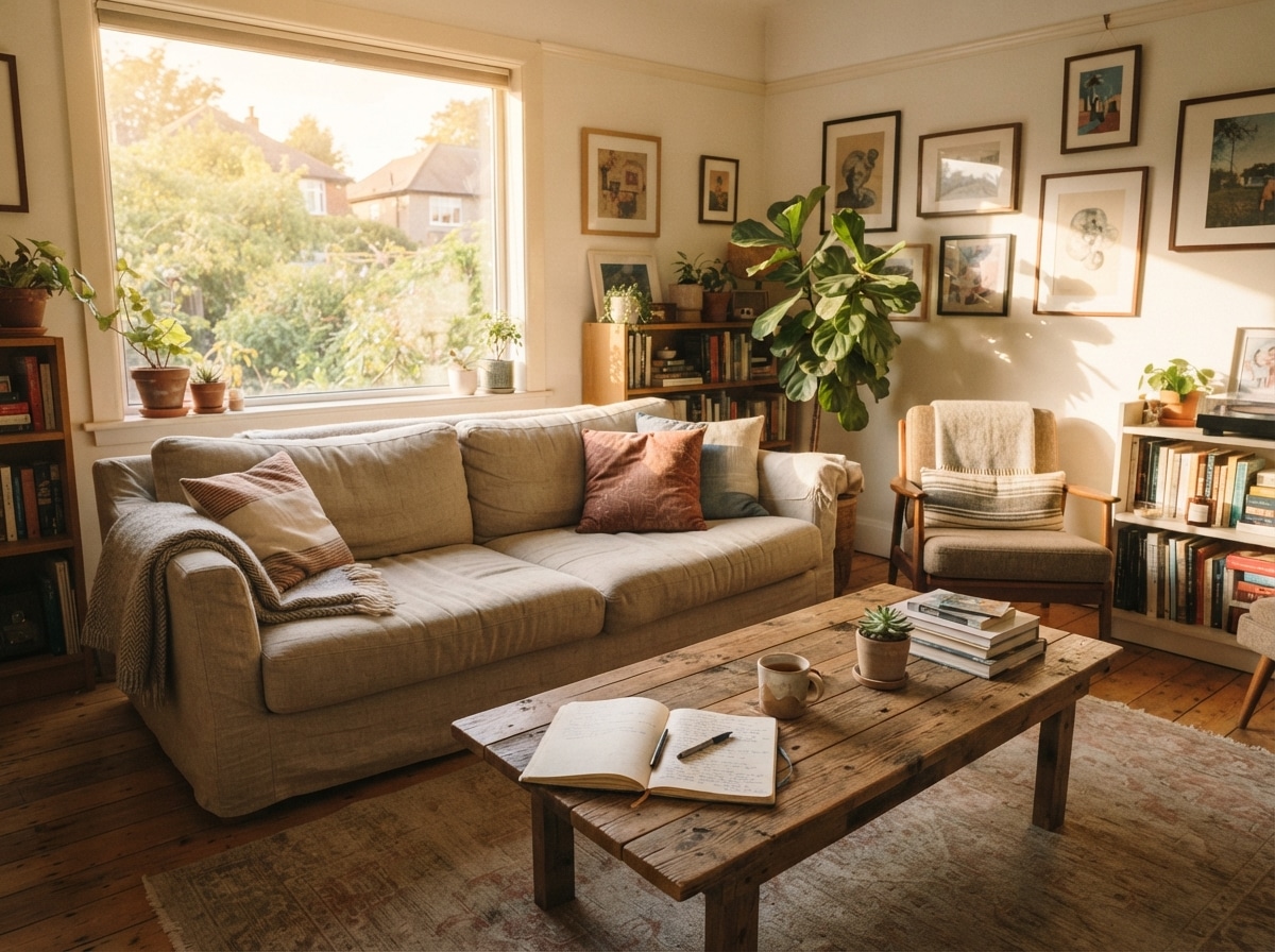 A bright, cozy living room set up for a mobile DNA testing appointment at home.
