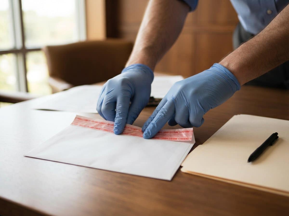 Gloved hands press a tamper-evident seal onto a specimen envelope in an attorney's office during legal DNA collection.