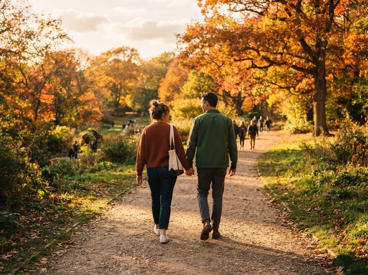 Two adult siblings walking together outdoors on a sunny path.
