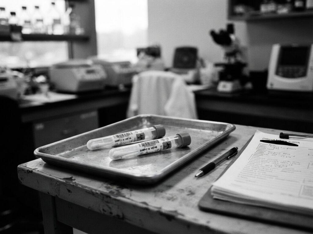 Two labeled DNA sample tubes on a lab intake tray, ready for sibling DNA testing analysis.