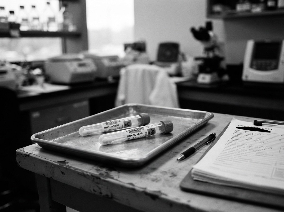 Two labeled DNA sample tubes on a lab intake tray, ready for sibling DNA testing analysis.