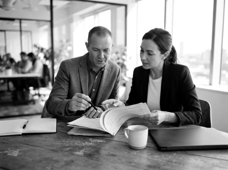 Two HR professionals at an office table reviewing a printed workplace drug testing policy together
