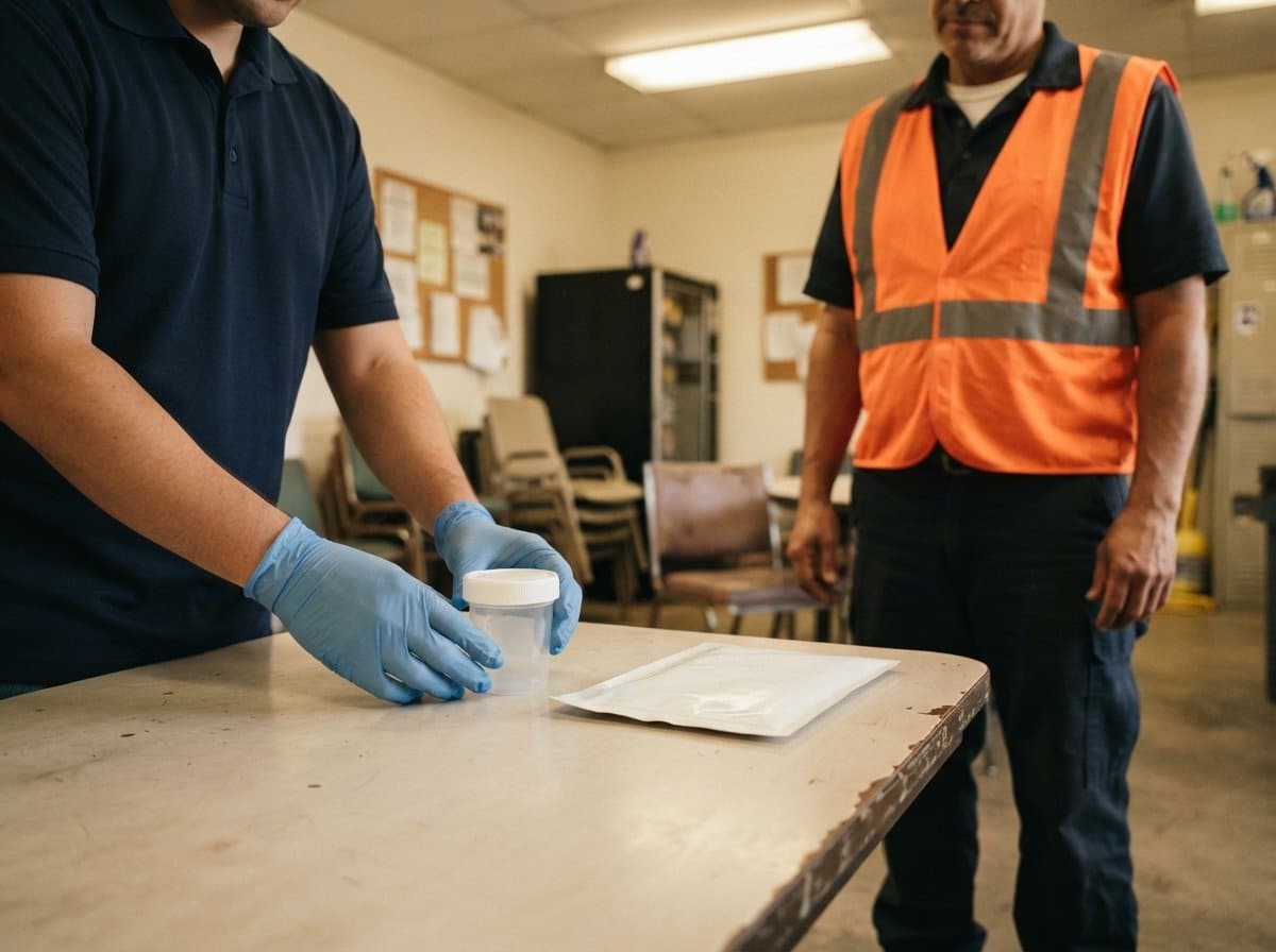 Gloved collector setting out a sealed specimen cup and kit for an on-site workplace drug test in a break room
