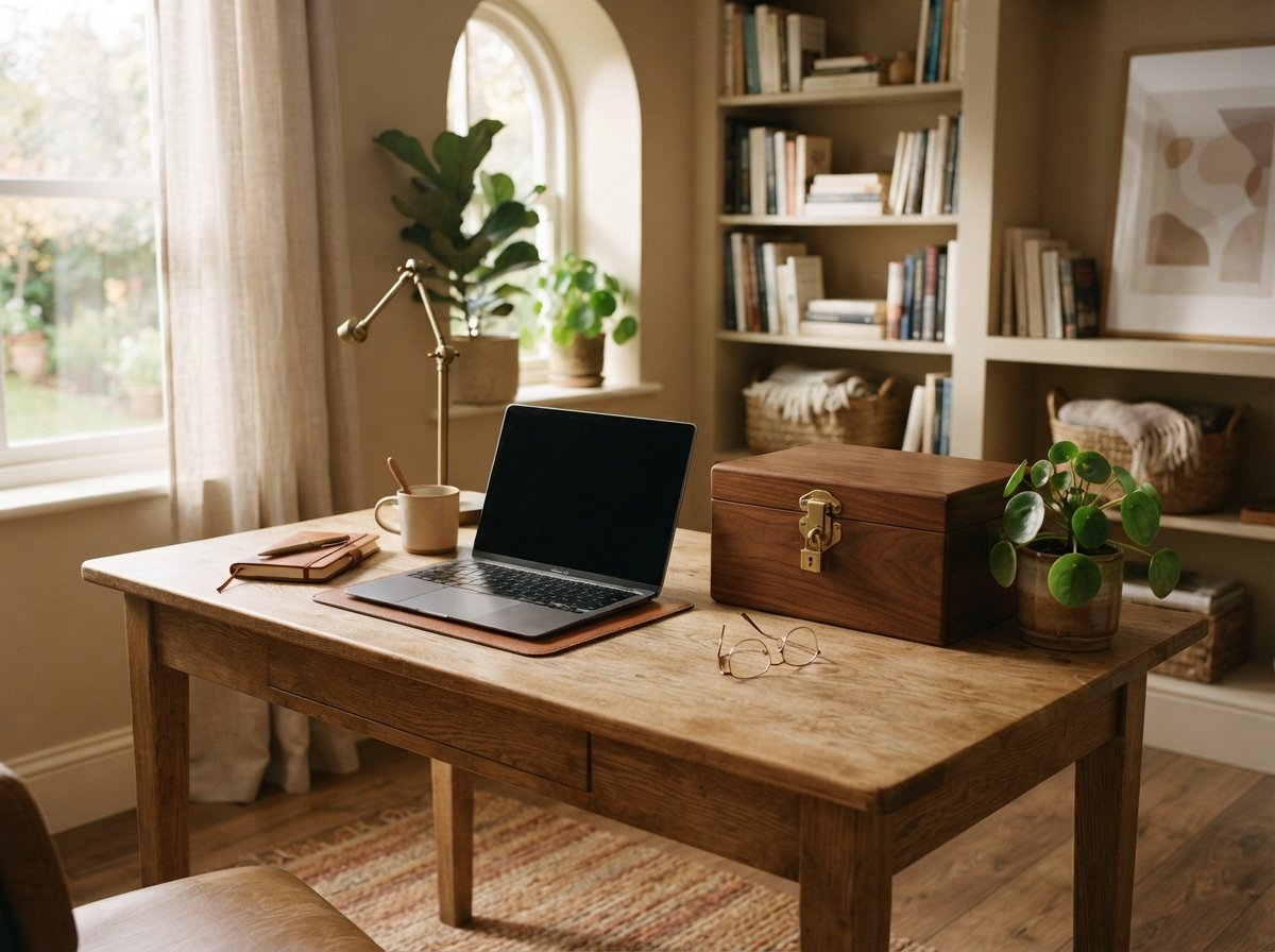 A quiet home office with a laptop, a locked wooden document box, and plants.