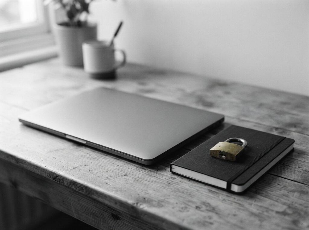 A closed laptop and a locked notebook on a desk, representing secure handling of DNA test results.