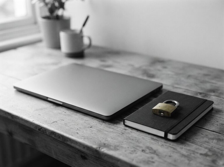 A closed laptop and a locked notebook on a desk, representing secure handling of DNA test results.
