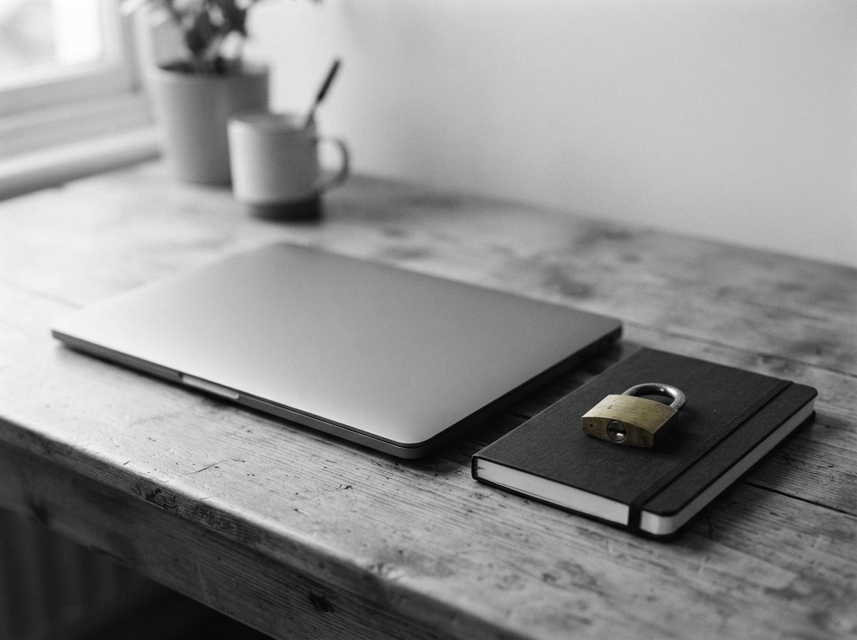 A closed laptop and a locked notebook on a desk, representing secure handling of DNA test results.