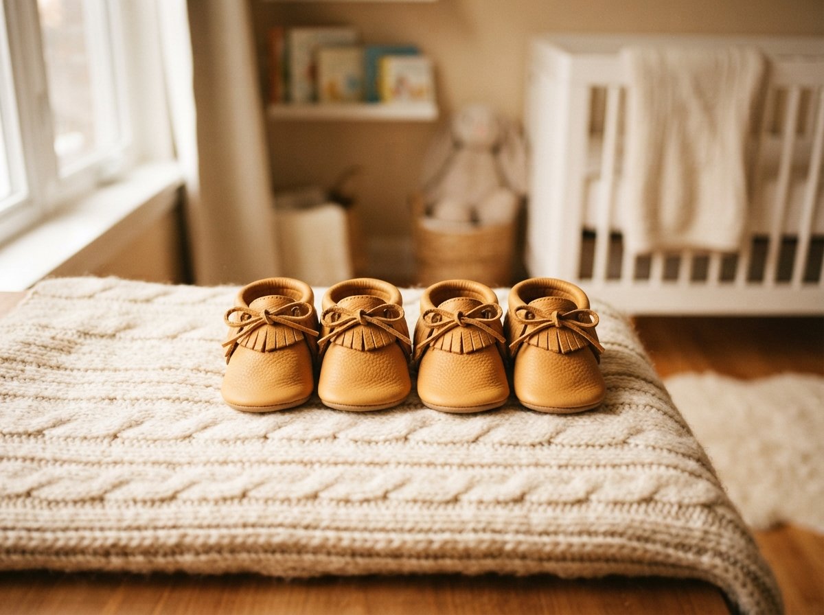 Two identical pairs of small baby shoes lined up on a blanket in a cozy nursery.