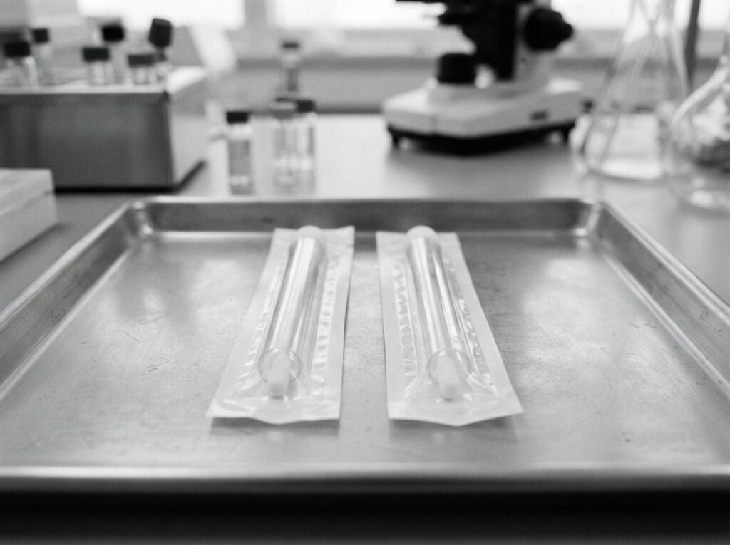 Two sealed DNA sample collection tubes side by side on a lab tray for twin zygosity testing.