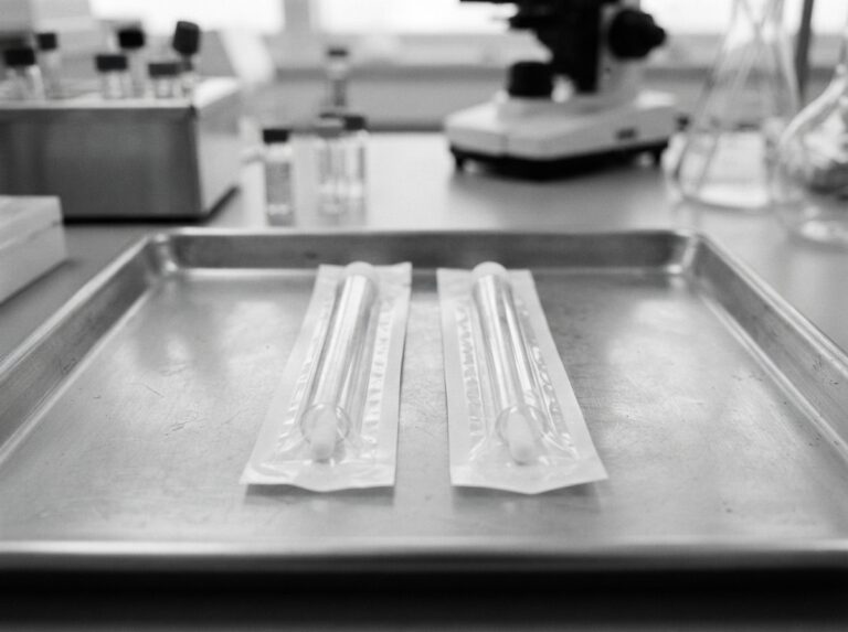 Two sealed DNA sample collection tubes side by side on a lab tray for twin zygosity testing.