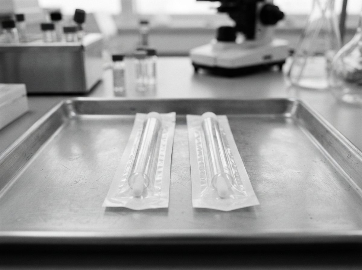 Two sealed DNA sample collection tubes side by side on a lab tray for twin zygosity testing.
