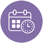 White calendar and clock icons outlined on a purple circular background, representing an appointment or time management concept for Mobile DNA and Drug Testing by Odosek Lab Solutions.